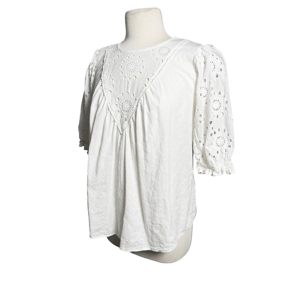 AEOM Women’s Boho White Eyelet Puff Sleeve Top Large - Picture 3 of 4